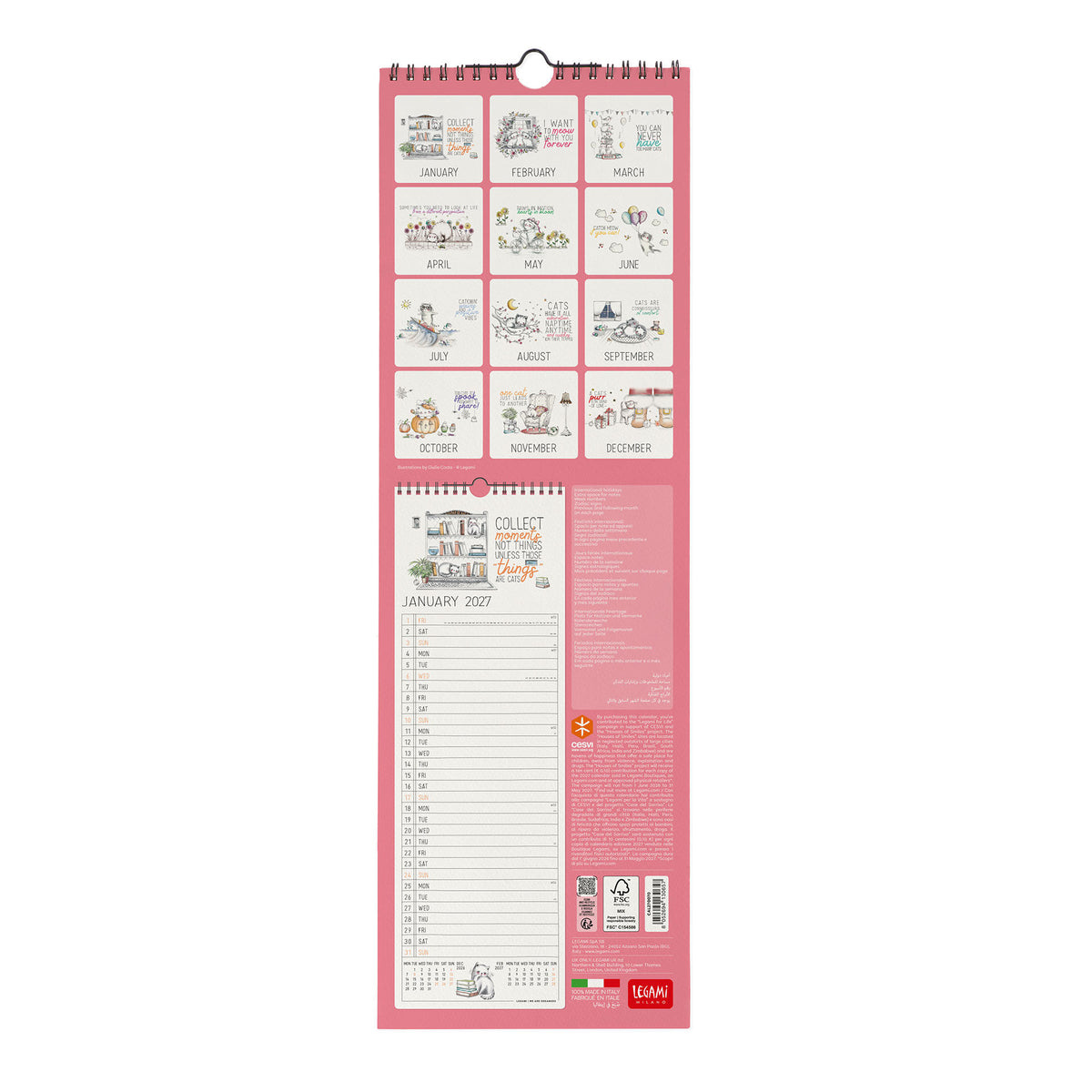 Calendario da Parete 2027 - 16 x 49 cm - Sketchy Cats