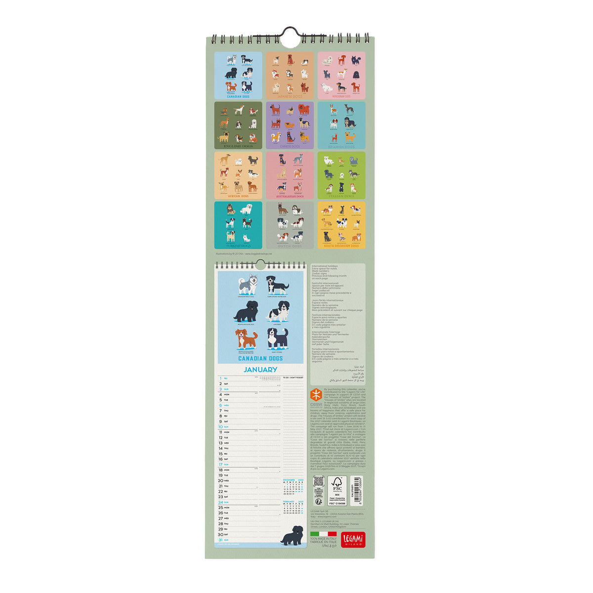 Calendario da Parete 2027 - 16 x 49 cm - Dogs of the World
