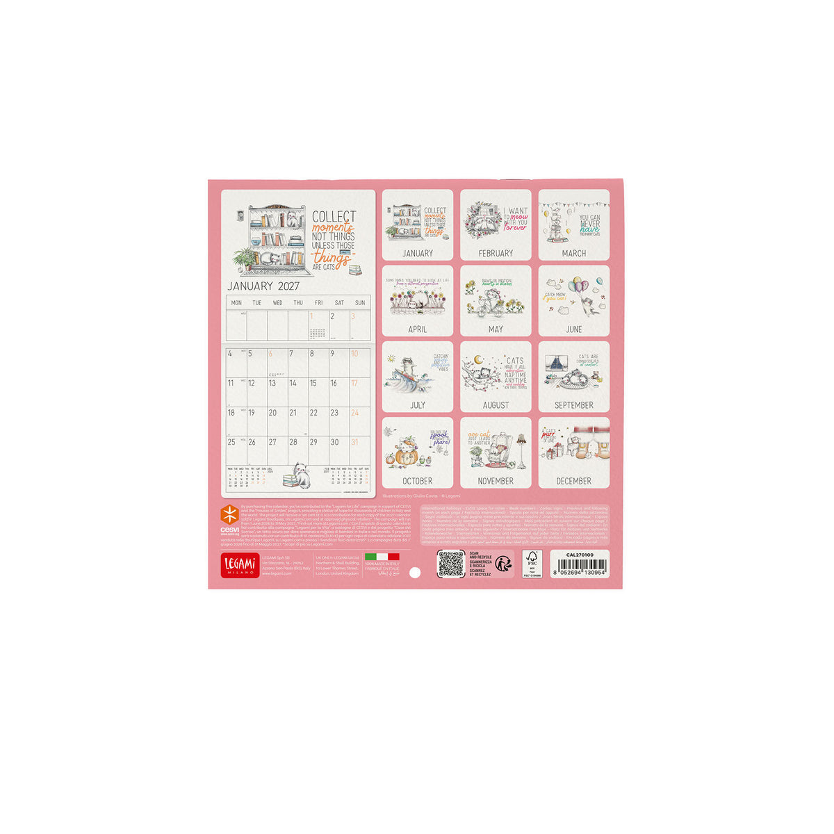 Calendario da Parete 2027 - 18 x 18 cm - Sketchy Cats